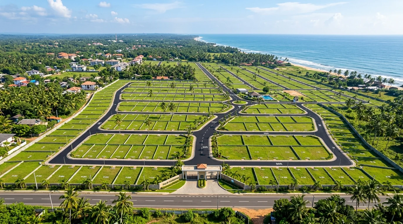 Aerial view of arranged land plots